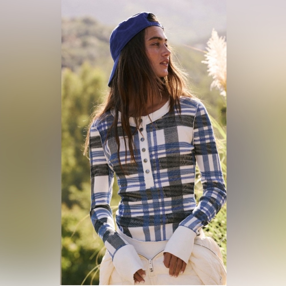FP Movement by Free People Blue and White Plaid Long Sleeve Henley